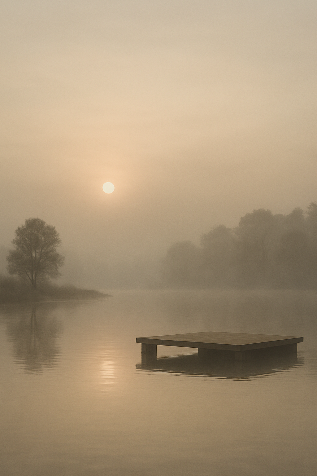 Soft dawn light entering a quiet contemplative space with still water and distant trees