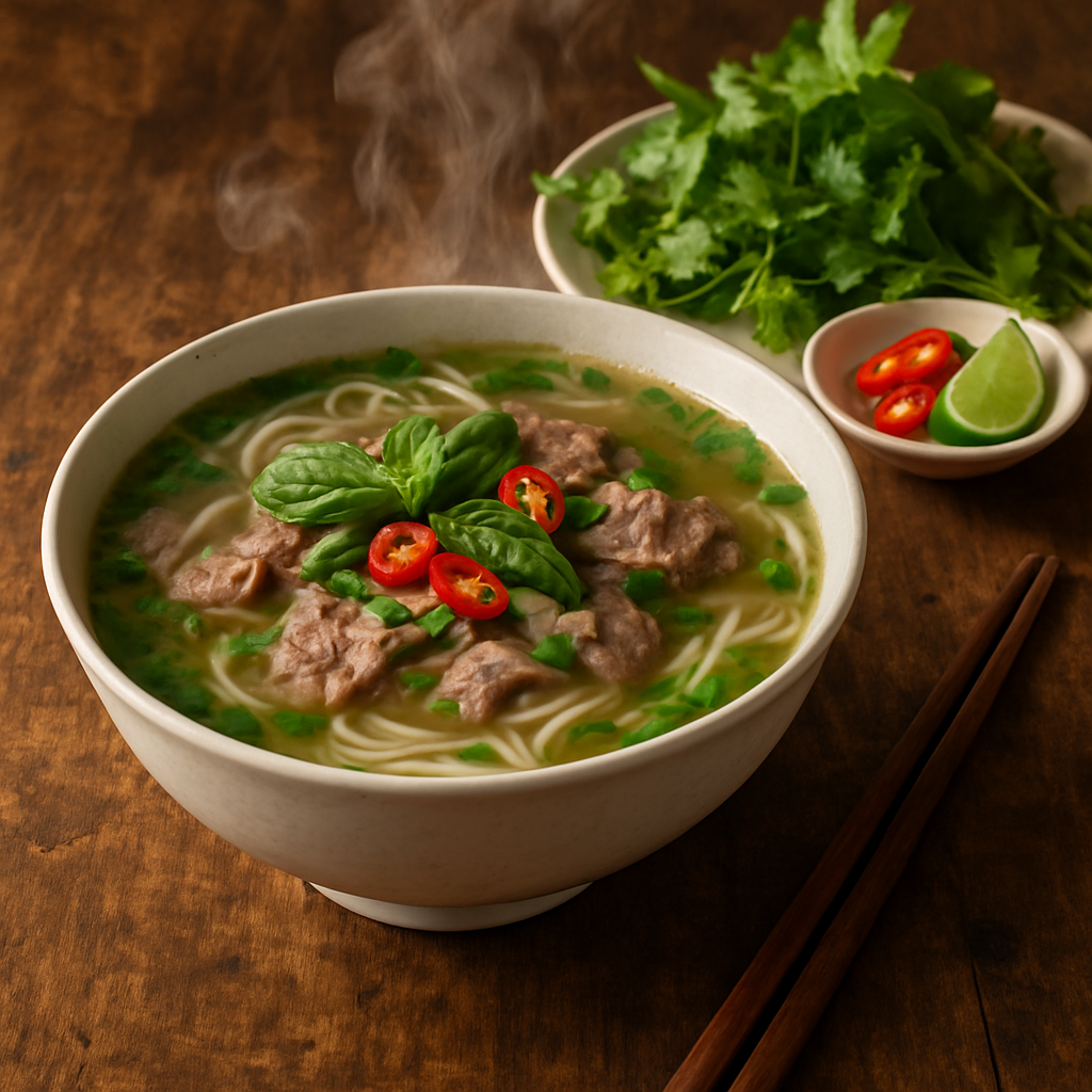 A steaming bowl of Nha Trang-style pho with fresh herbs and chili on a rustic wooden table