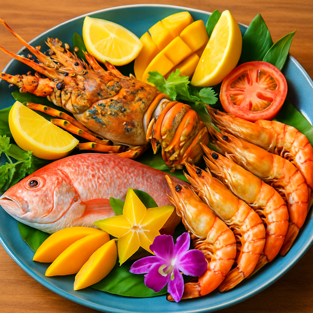 A vibrant platter of fresh Nha Trang seafood including lobster, prawns, and fish with tropical garnishes