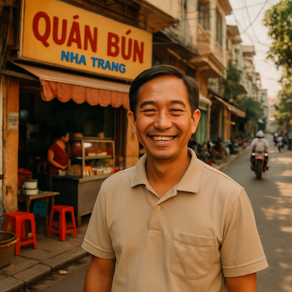 Minh Tran, local resident smiling in front of a noodle shop