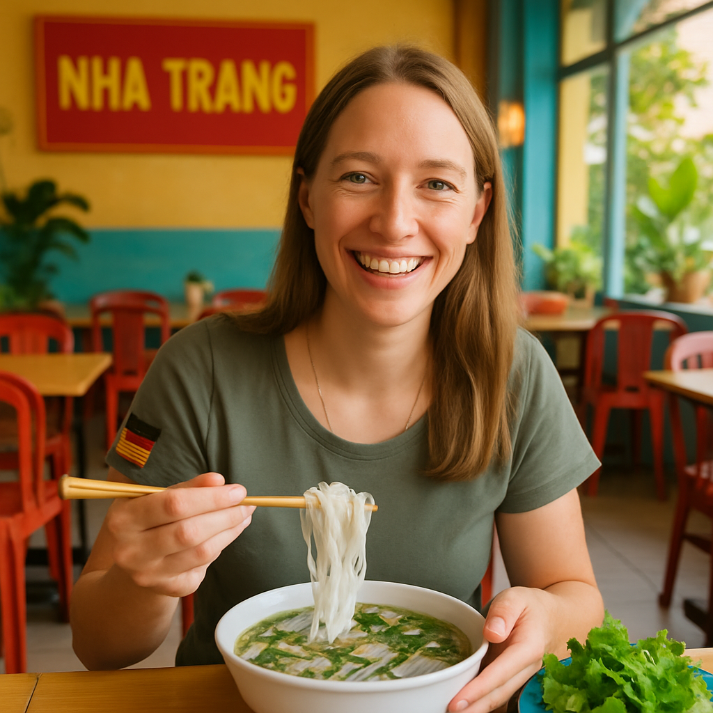 Anna L., smiling tourist from Germany enjoying a meal
