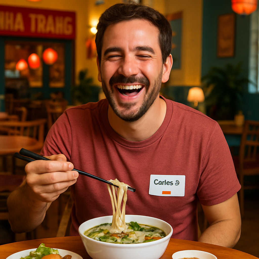 Carlos D., tourist laughing with chopsticks at a restaurant table