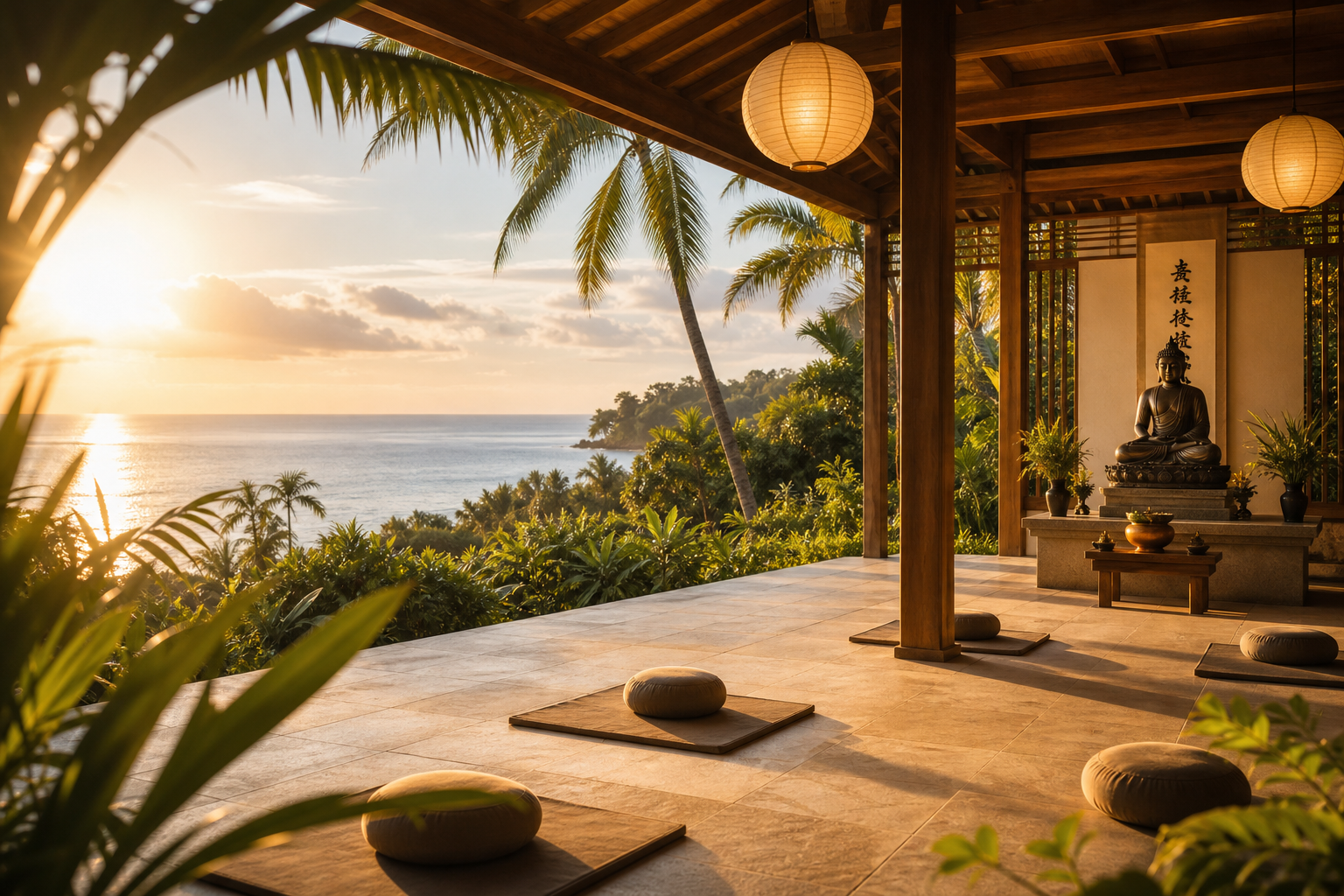 Open-air temple terrace with wooden beams, soft lantern light, tropical greenery, and a view toward the ocean at sunset