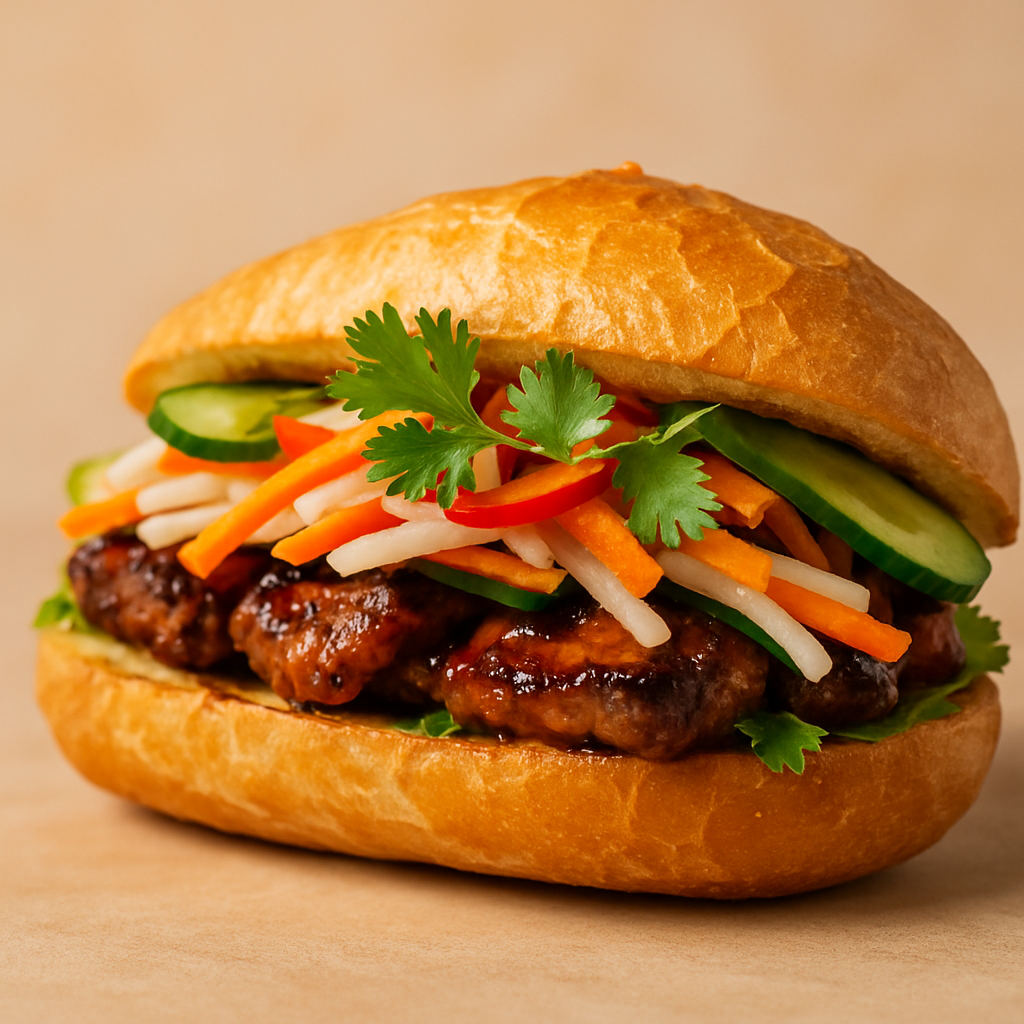 A vibrant banh mi sandwich bursting with vegetables and grilled pork