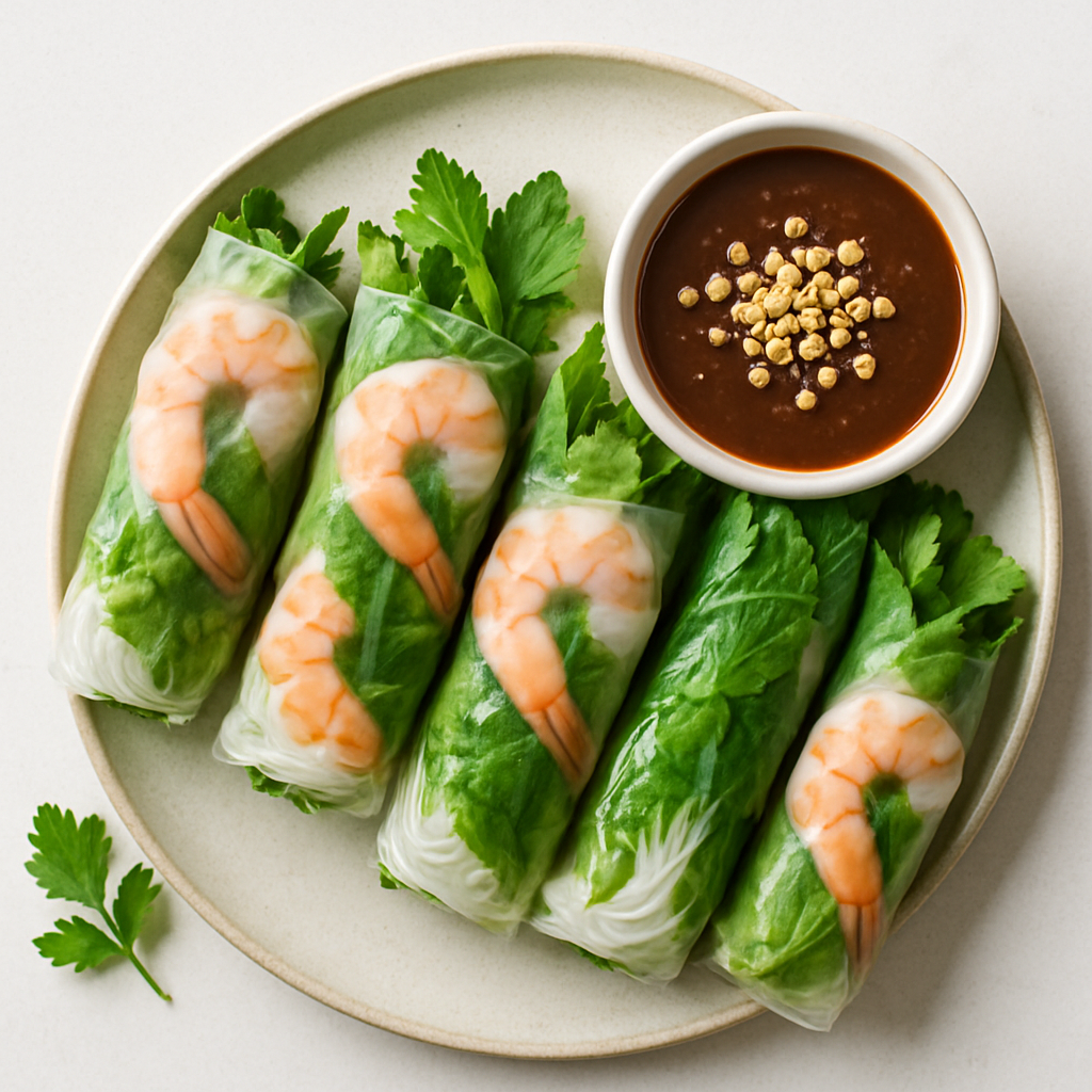 Fresh Vietnamese spring rolls (goi cuon) with shrimp, herbs, and dipping sauce