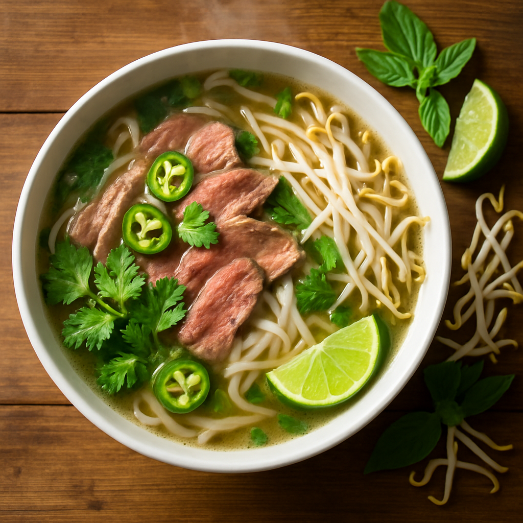 A steaming bowl of traditional Vietnamese pho garnished with fresh herbs and lime