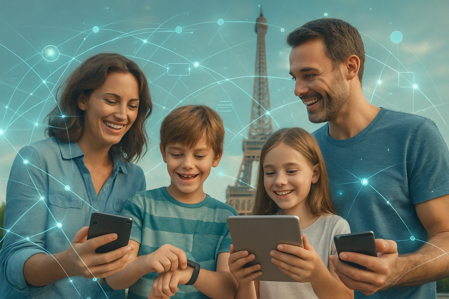A high-quality, realistic photograph of a smiling family of four (mom, dad, boy, girl) standing together in front of a famous global landmark such as the Eiffel Tower or Sydney Opera House. The family is joyfully interacting, each holding a digital device (smartphone, tablet, or smartwatch). Overlayed on the image are luminous digital connection lines and subtle interface shapes illustrating travel technology and global connectivity, visually linking the family and the landmark with a modern, teal and blue-green color palette.