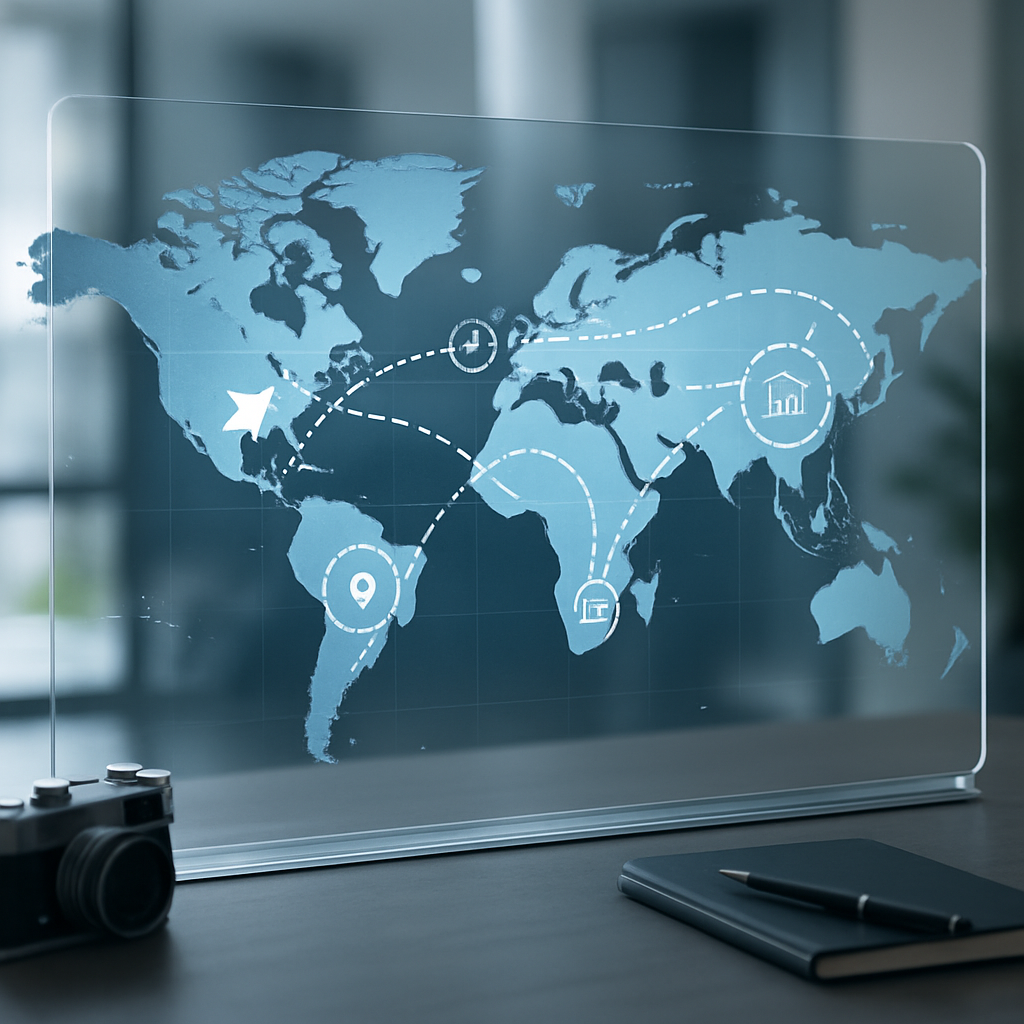 A high-quality, realistic image of a digital world map projected on a transparent glass screen in a modern room. Dynamic AI-generated travel routes, icons, and itinerary highlights overlay the map. Sleek, sophisticated, and innovative, with a subtle hint of travel tools nearby. No people.