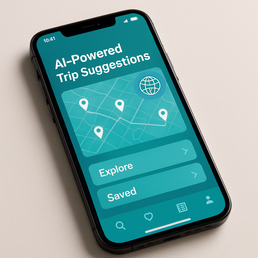 A high-quality, realistic photo of a modern smartphone or tablet resting on a clean surface. The device screen clearly displays the text 'AI-Powered Trip Suggestions' as part of a vibrant, interactive travel app UI. The app's main color is a modern teal or blue-green (not orange), with map view, digital connectivity icons, and intuitive navigation. The device is well-lit, with a clean, modern, travel-inspired color palette. No people, just the device and the app UI. The app interface does not show any company logo or emblem.