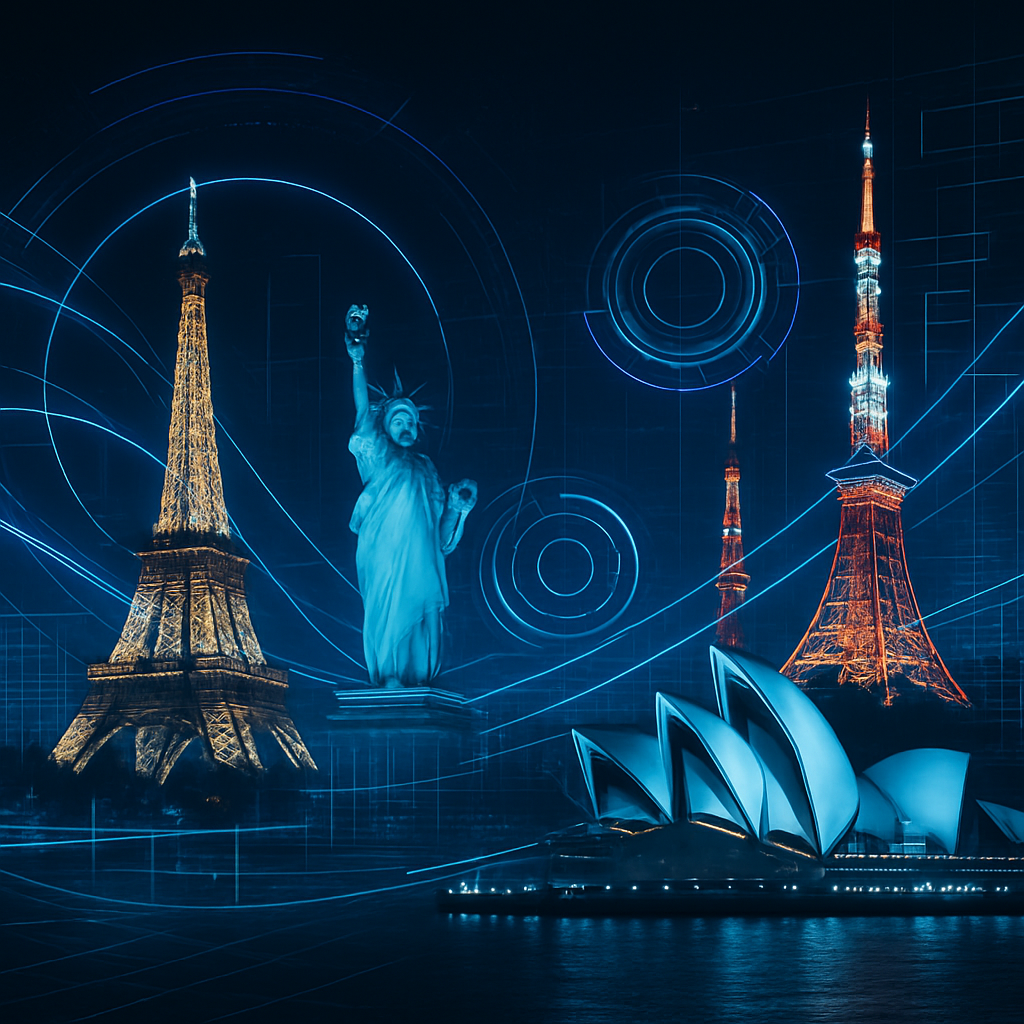 A striking visual of global destinations—iconic landmarks like the Eiffel Tower, Statue of Liberty, Tokyo Tower, and Sydney Opera House—connected by glowing digital lines and overlays. Minimal or no people, focusing on technology, worldwide connectivity, and innovation.