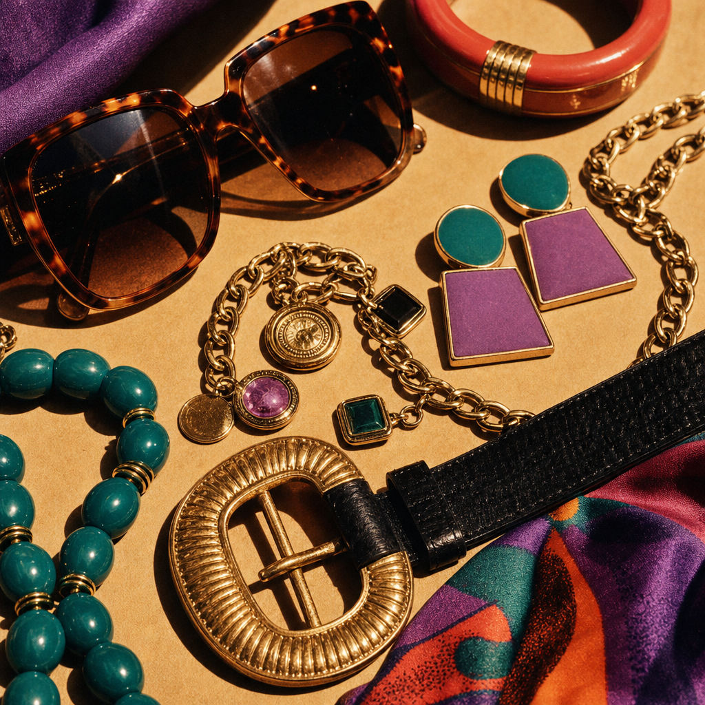 Statement vintage accessories arranged on a warm surface