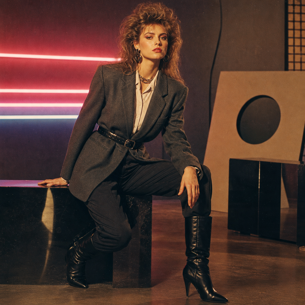 Early 80s edge collection look with a sharp-shouldered blazer, narrow belt, and glossy leather boots