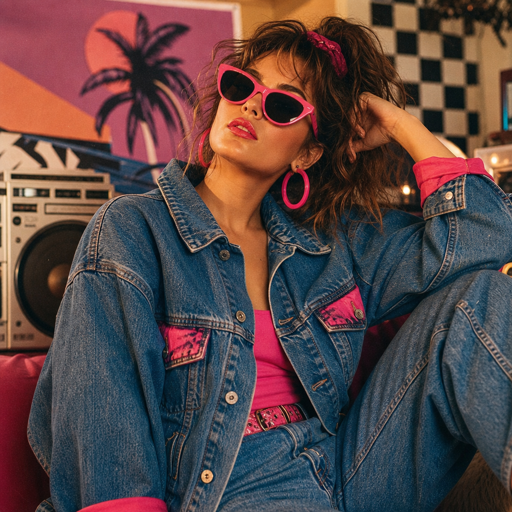 Bright color-pop denim outfit with bold 80s hues