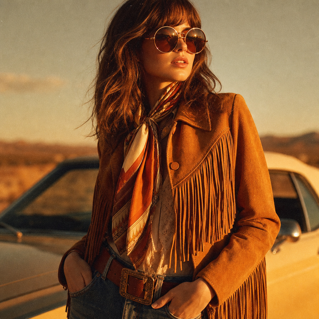70s suede jacket with warm sunset tones