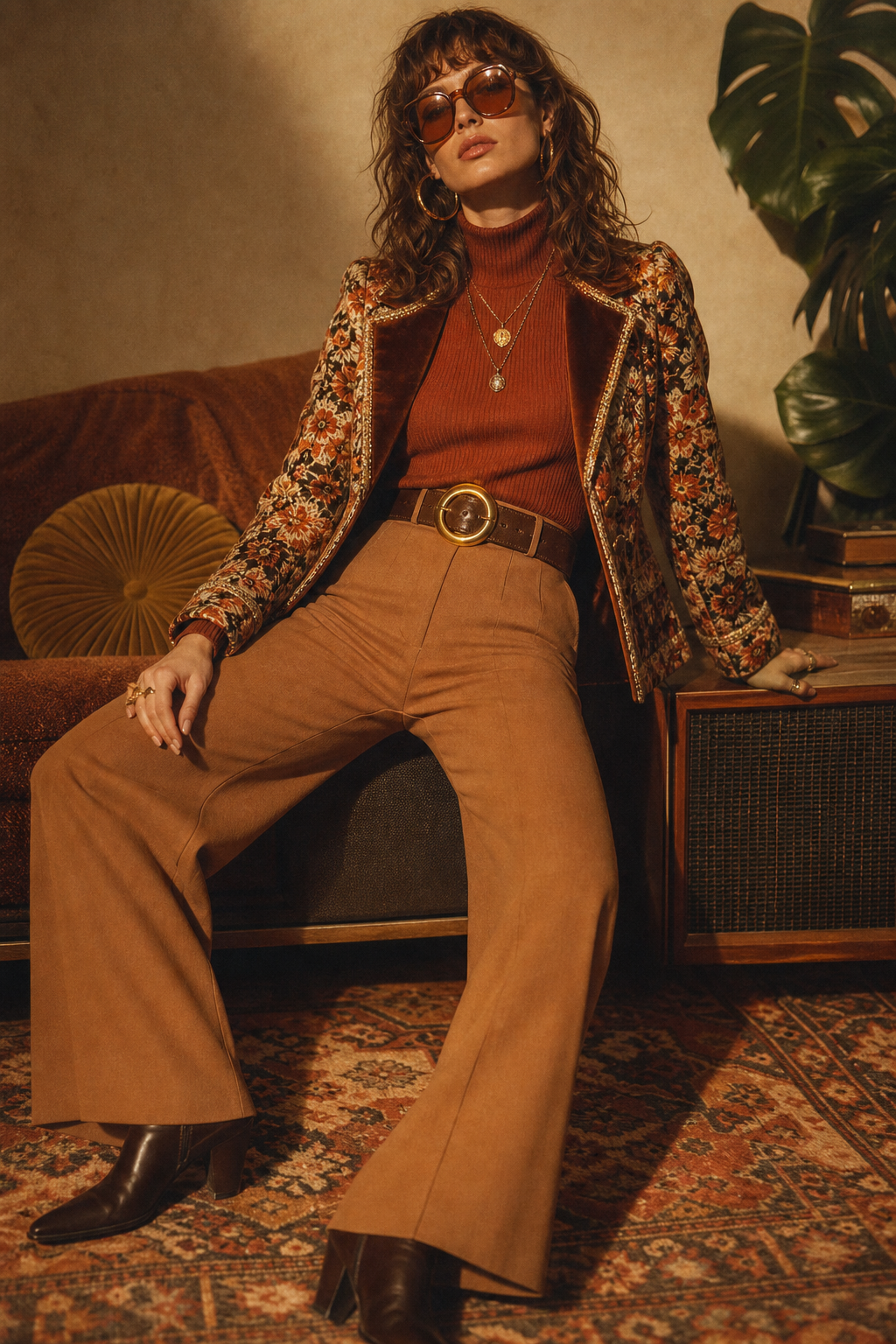 Styled vintage outfit with bold 70s-inspired silhouette
