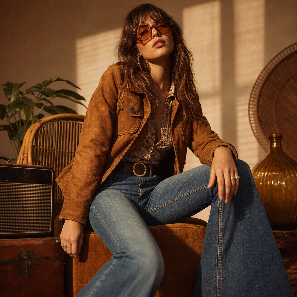 Seventies glow collection look featuring a honey-toned suede jacket, high-waisted flares, and oversized tinted sunglasses