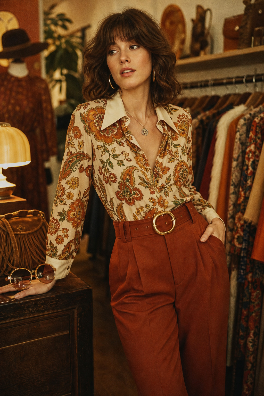 Editorial-style vintage fashion portrait with warm film tones