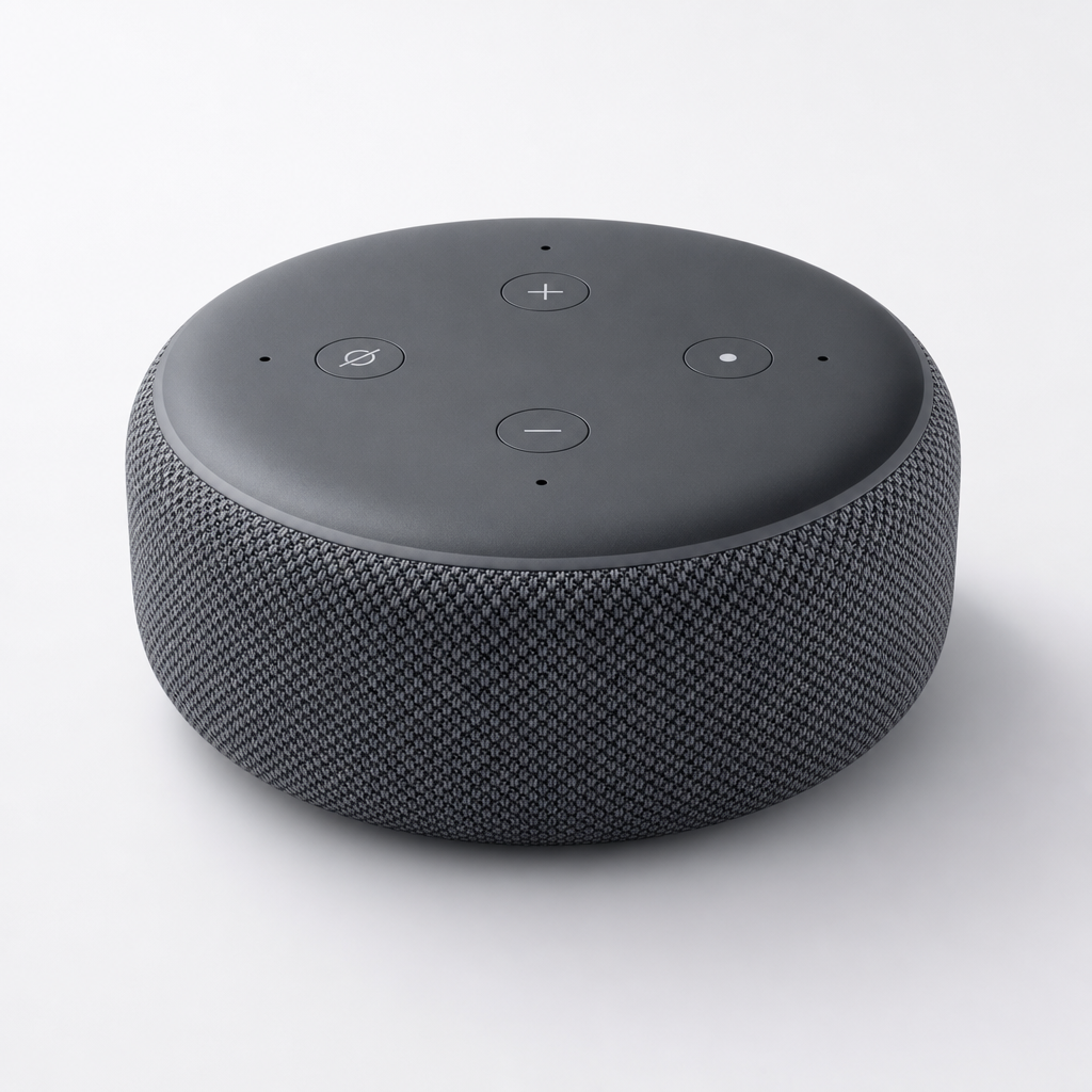 Slate gray compact smart speaker with fabric wrap