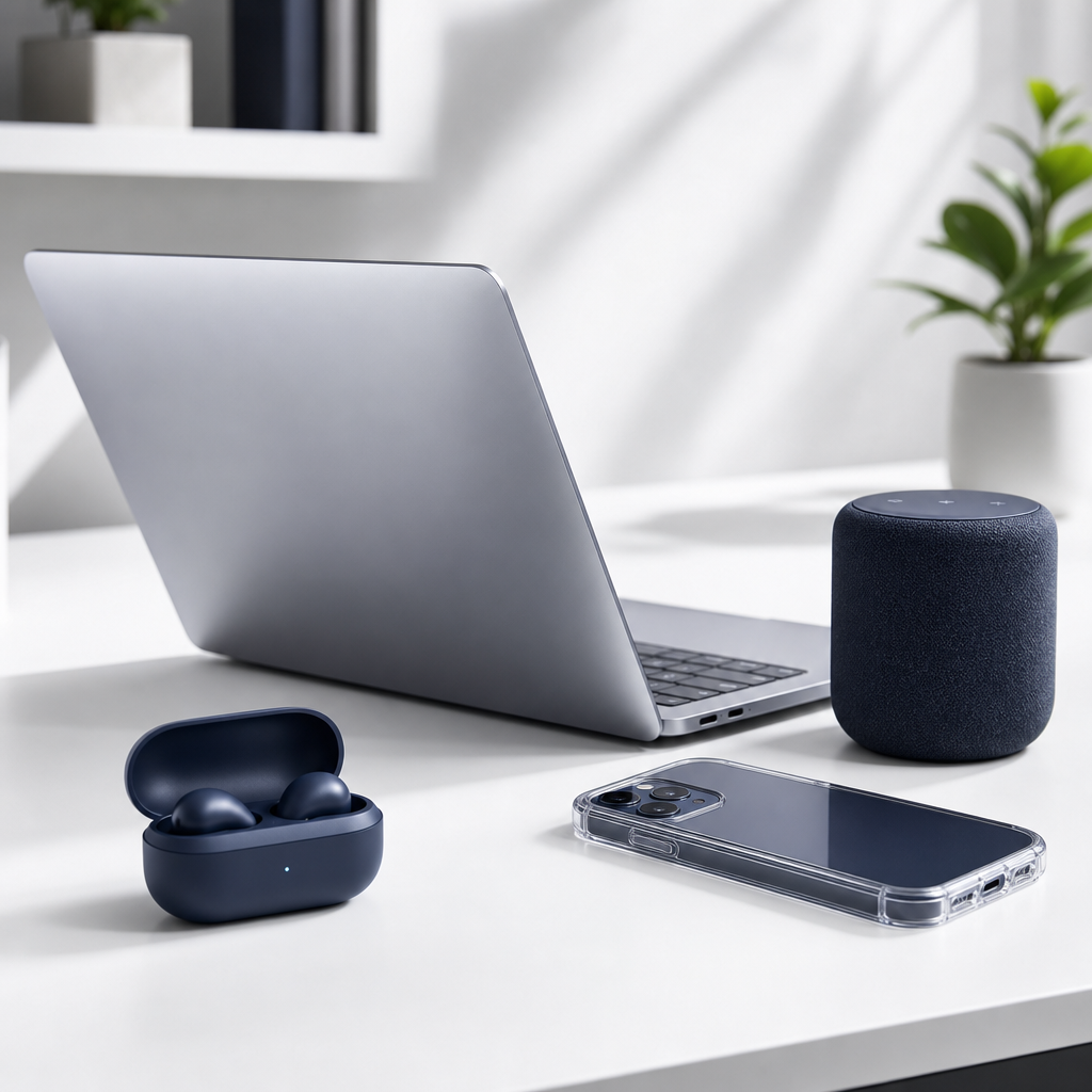 Minimalist tech workspace with a slim laptop, wireless earbuds, smart speaker, and phone accessories arranged on a clean desk