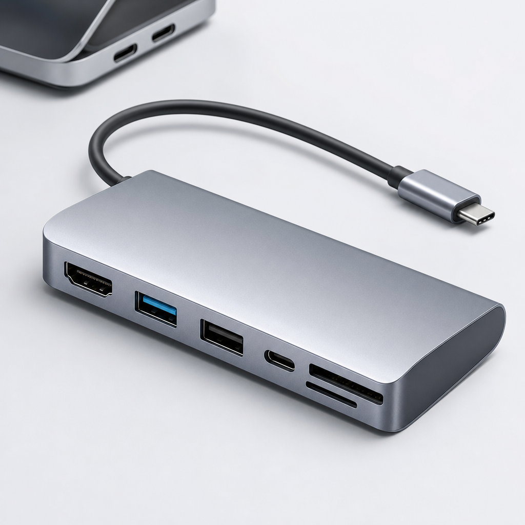 Silver aluminum USB-C hub with HDMI and USB ports