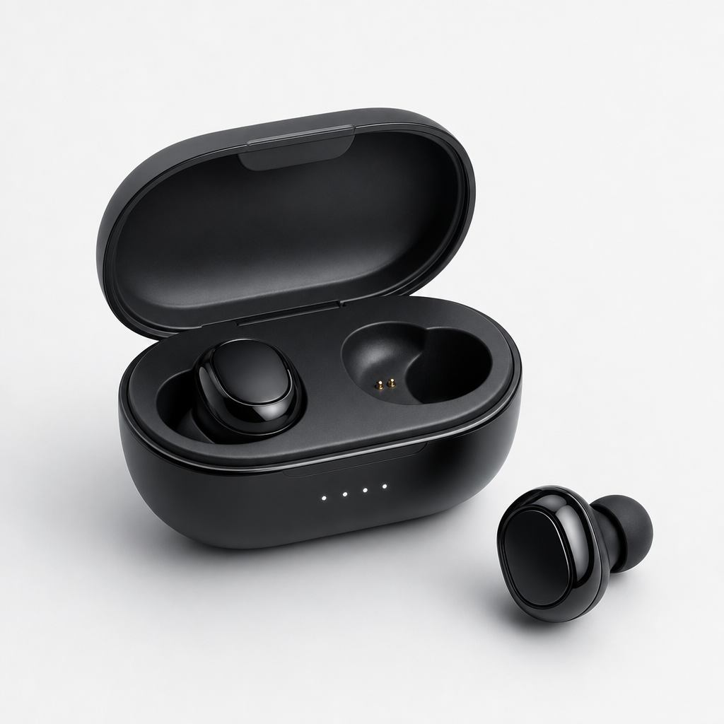 Glossy black true wireless earbuds with compact charging case
