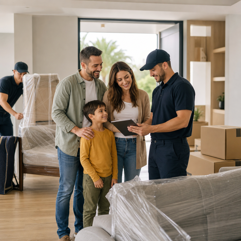 Professional movers reviewing a residential moving plan while carefully wrapping furniture in a bright modern home