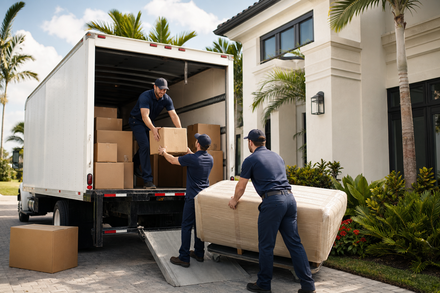 Professional moving crew loading labeled boxes and wrapped furniture outside a residential home in a Florida neighborhood