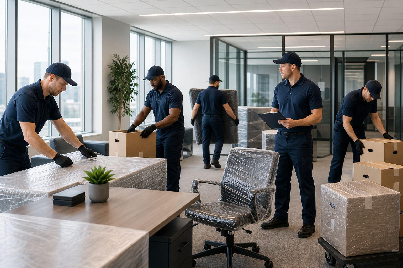 Professional movers handling office desks, rolling chairs, and packed equipment during a coordinated business relocation