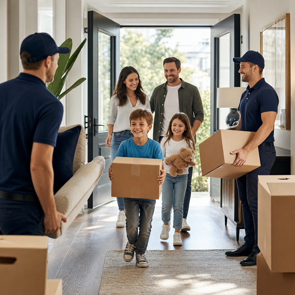 Professional moving team carefully transporting household furniture into a bright, upscale home entryway