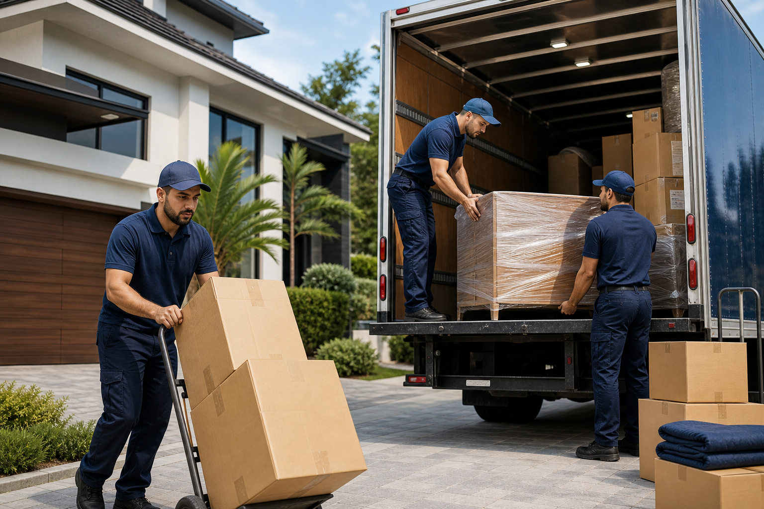 Professional movers loading neatly packed boxes and wrapped furniture outside a residential home in daylight