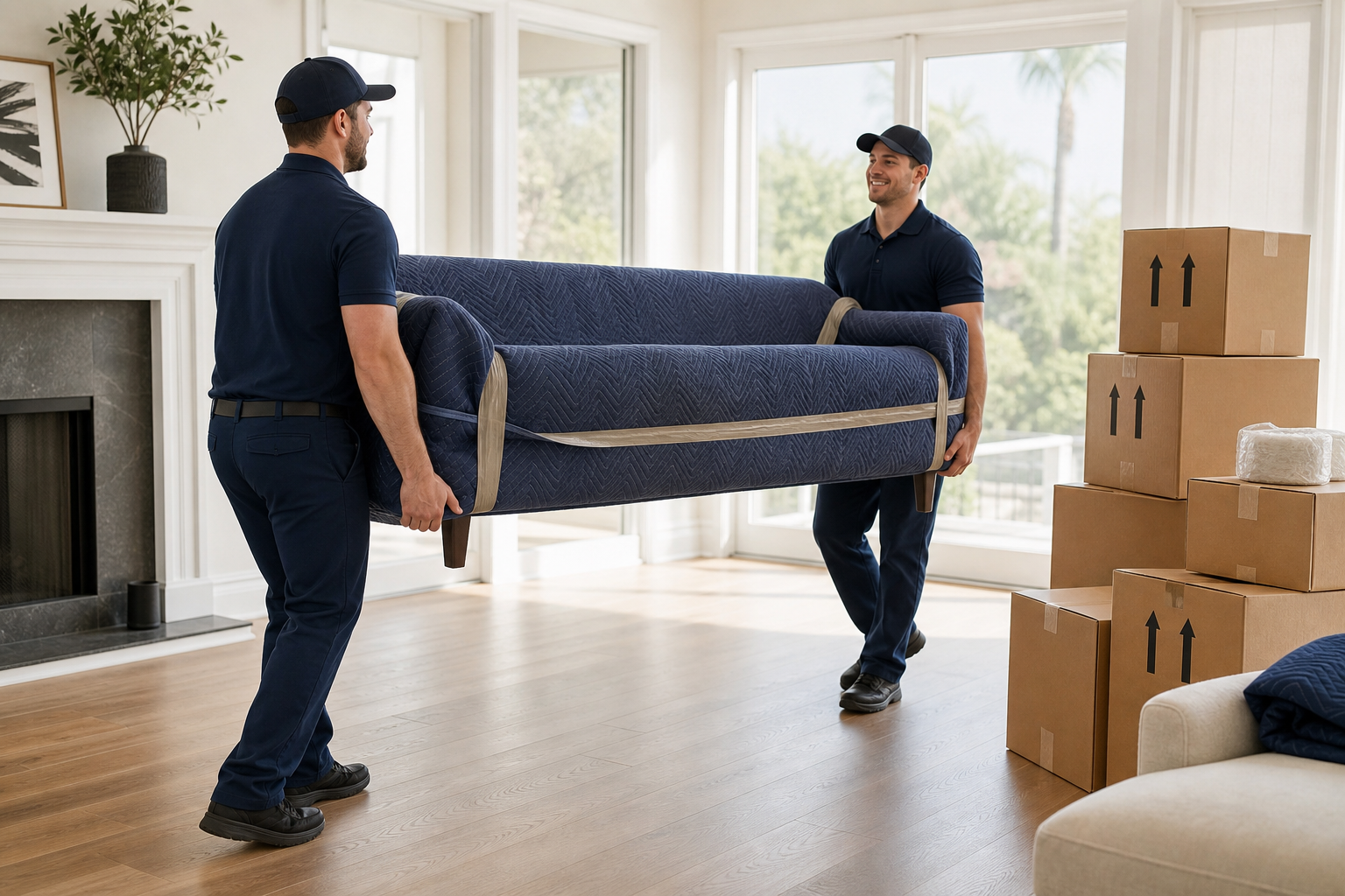Two professional movers carefully carrying a wrapped sofa through a bright residential living room with moving blankets and organized boxes