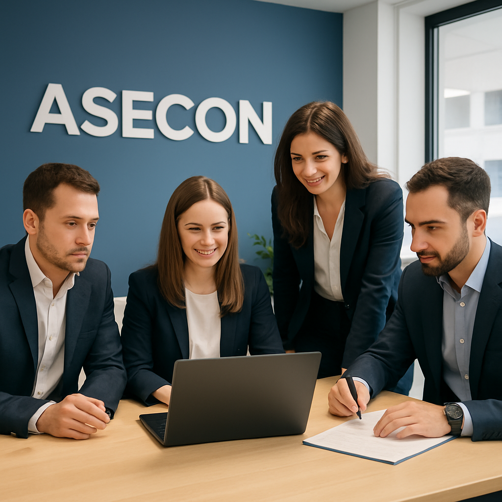 Команда ASECON на встрече в современном офисе, профессиональная и надёжная атмосфера