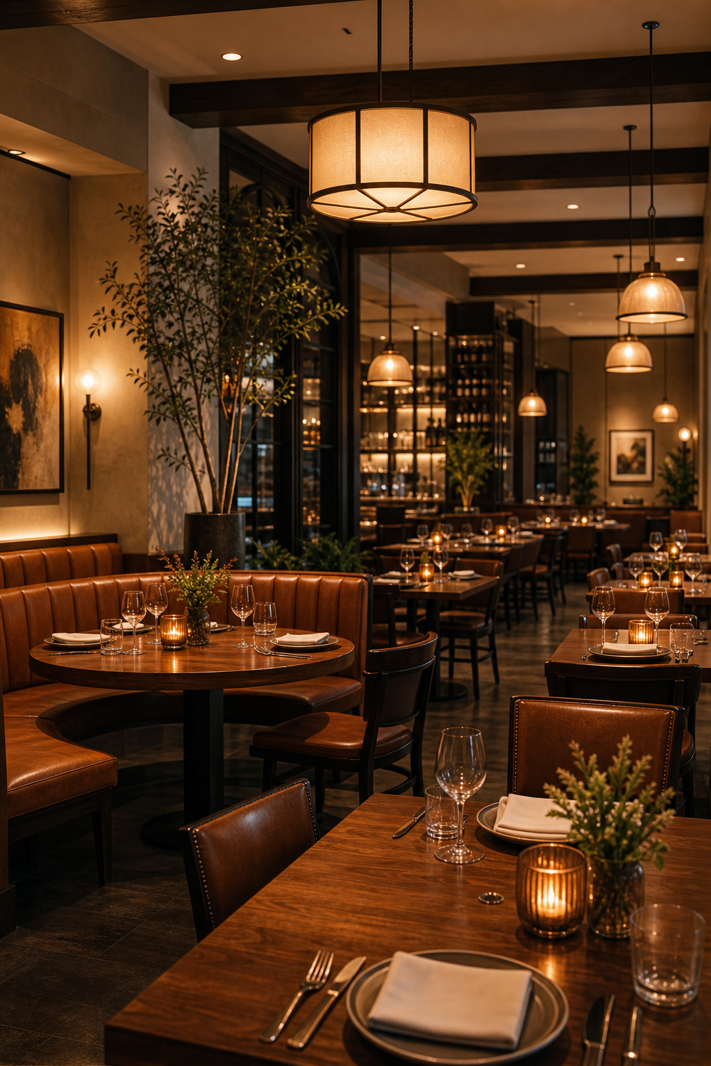 Warm, elegant dining room with wood tables, leather banquettes, and soft pendant lighting