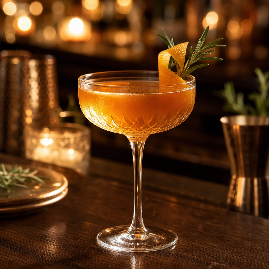 Amber-hued craft cocktail in a stemmed glass with a citrus peel and rosemary garnish