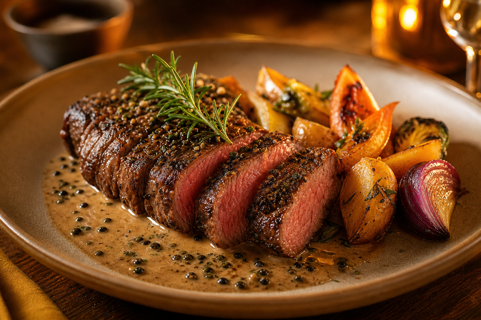 Sliced herb-crusted steak served with roasted vegetables and a silky pepper sauce on a warm ceramic plate