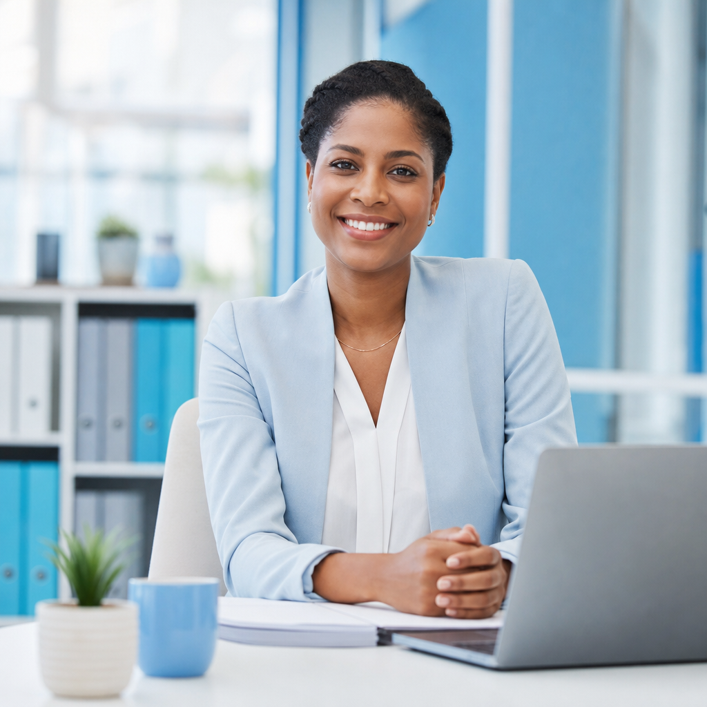 Professional Black woman in a clean corporate setting