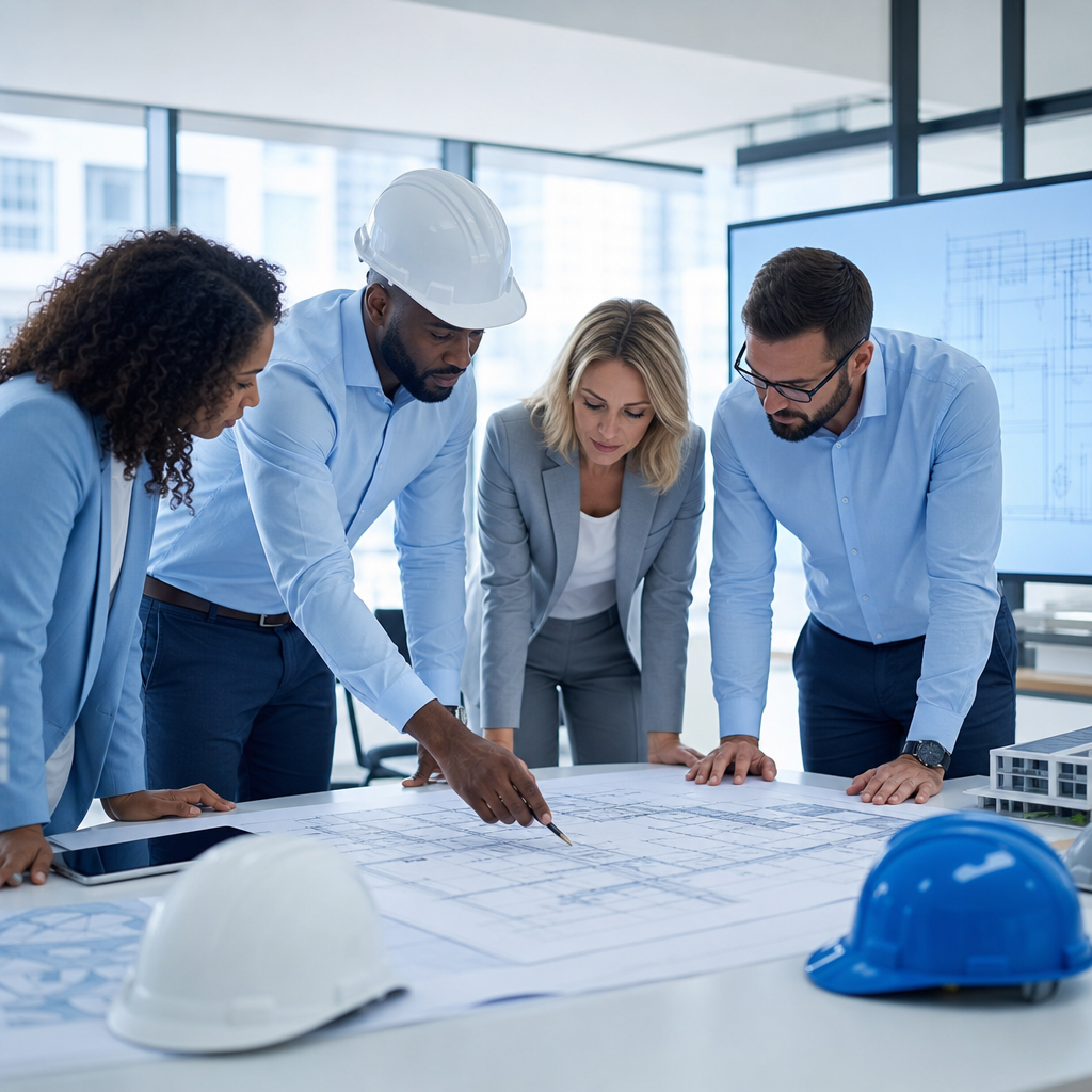 Professional men and women reviewing construction plans in an engineering planning meeting