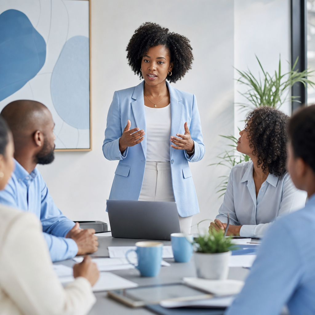 Professional Black woman leading a project review meeting in a modern office