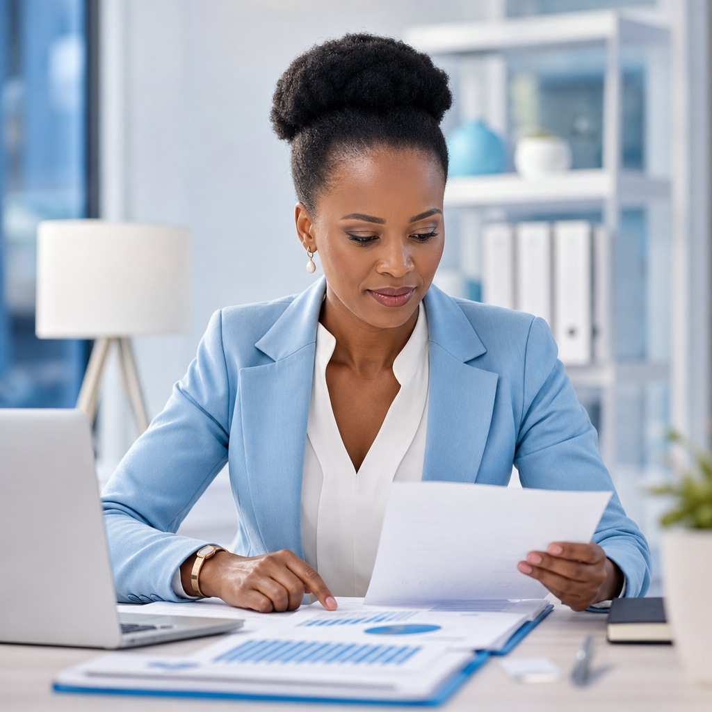 Professional Black woman executive reviewing business strategy with a tablet in a modern advisory office