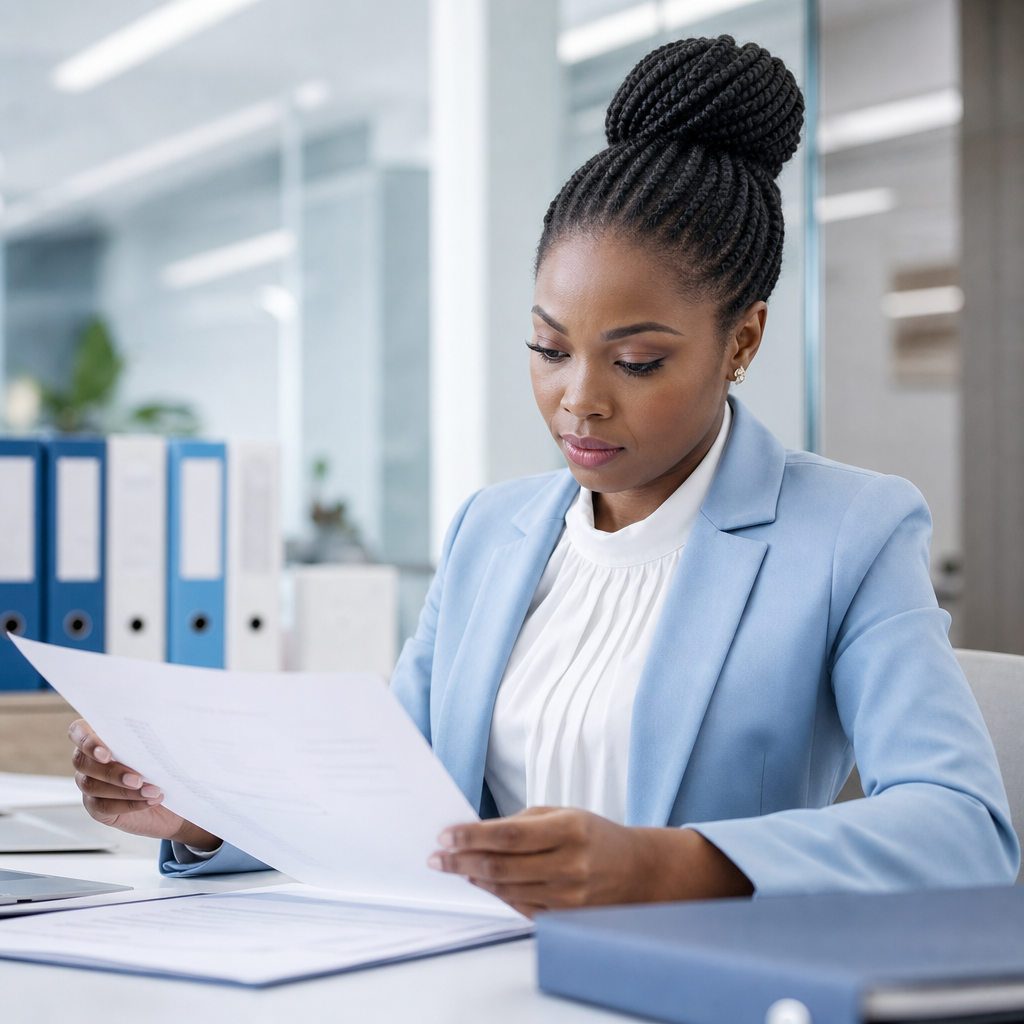 Professional Black woman reviewing tender documents in a modern corporate office