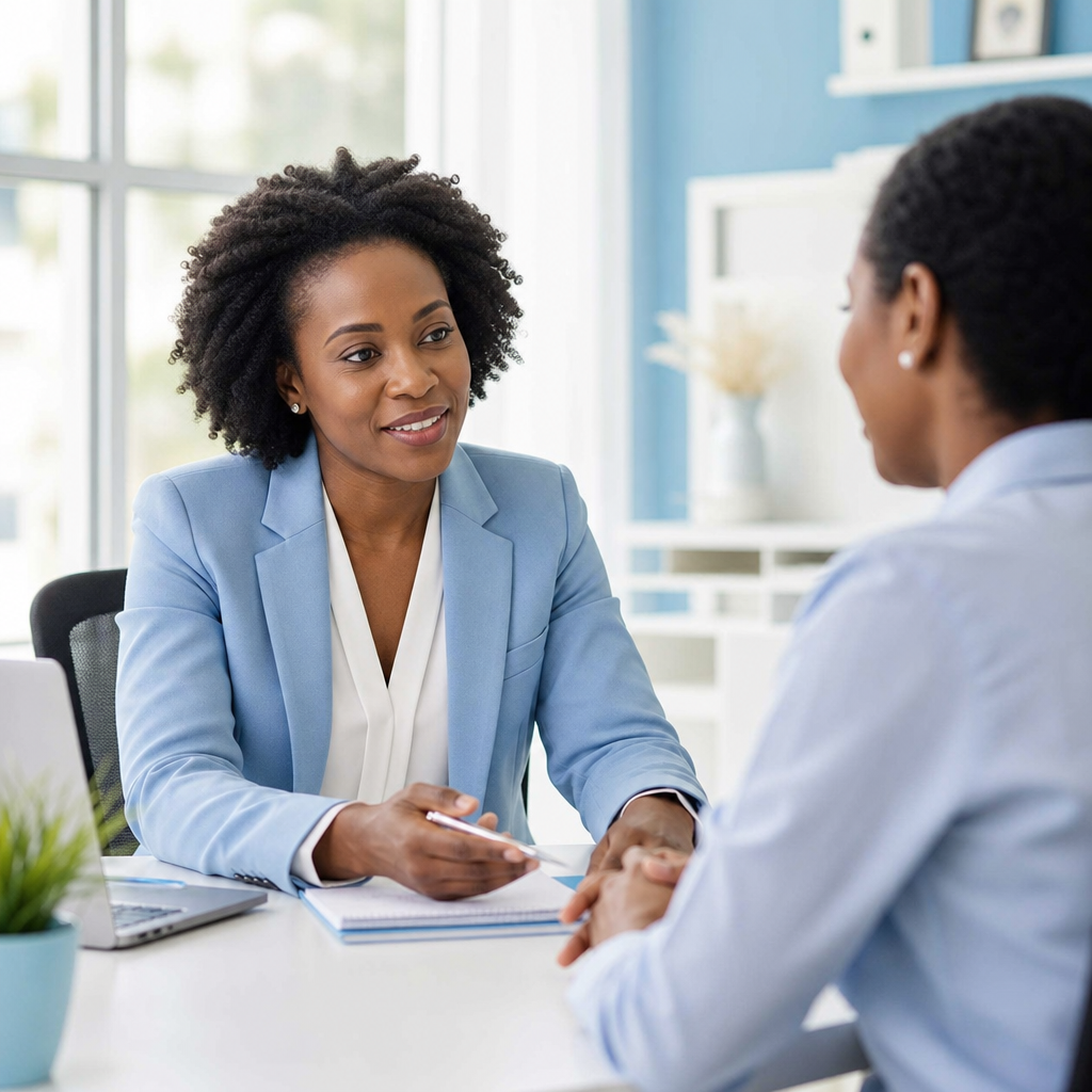 Confident financial consultant presenting a funding plan to a business owner in a bright modern office with soft blue accents