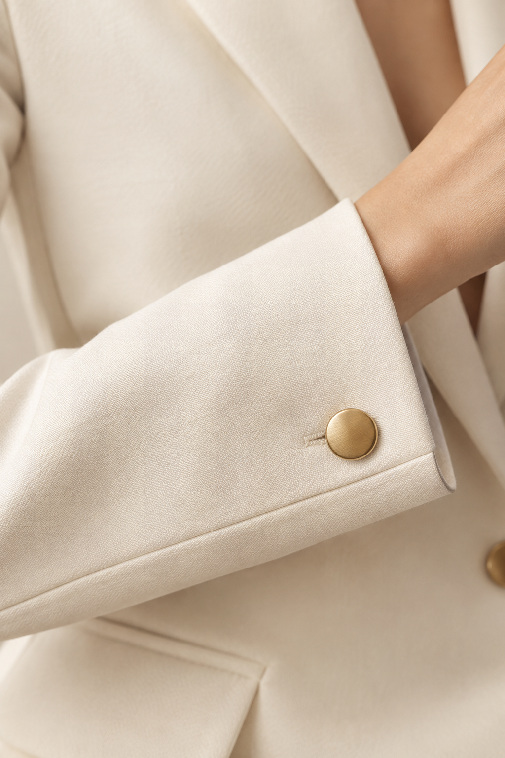 Detalle editorial de una prenda femenina premium: textura suave en tono marfil con botón metálico dorado y costuras finas, iluminada con luz natural suave