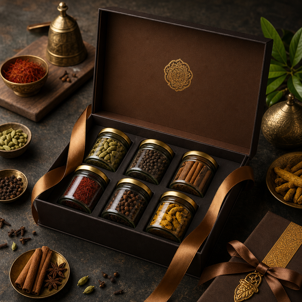 An elegant gift box with silk ribbon containing premium spice jars and a brass scoop on a dark stone background