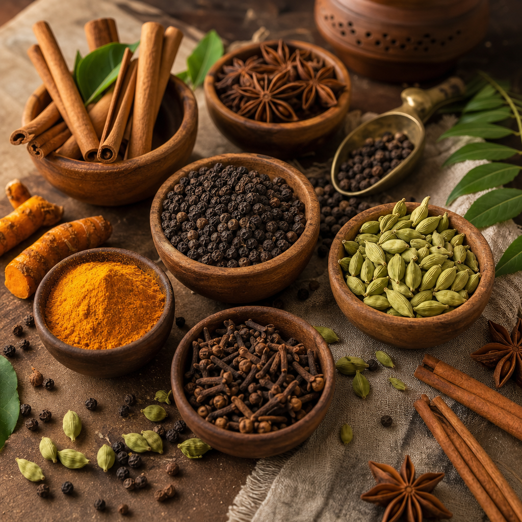 Assortment of Kerala spices in wooden bowls with cardamom pods, black peppercorns, and cinnamon sticks on a warm linen cloth