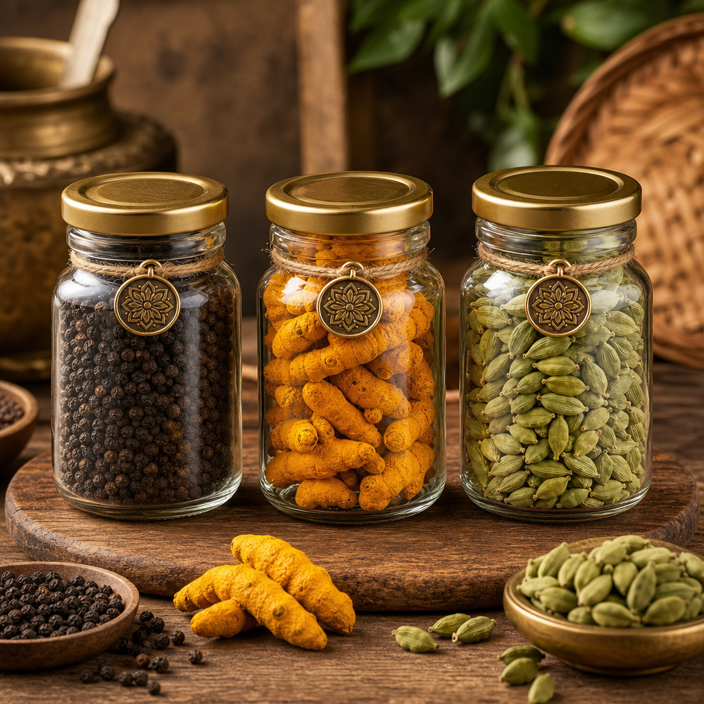 Three premium glass jars of Kerala spices with warm amber and deep brown tones on a rustic wooden surface