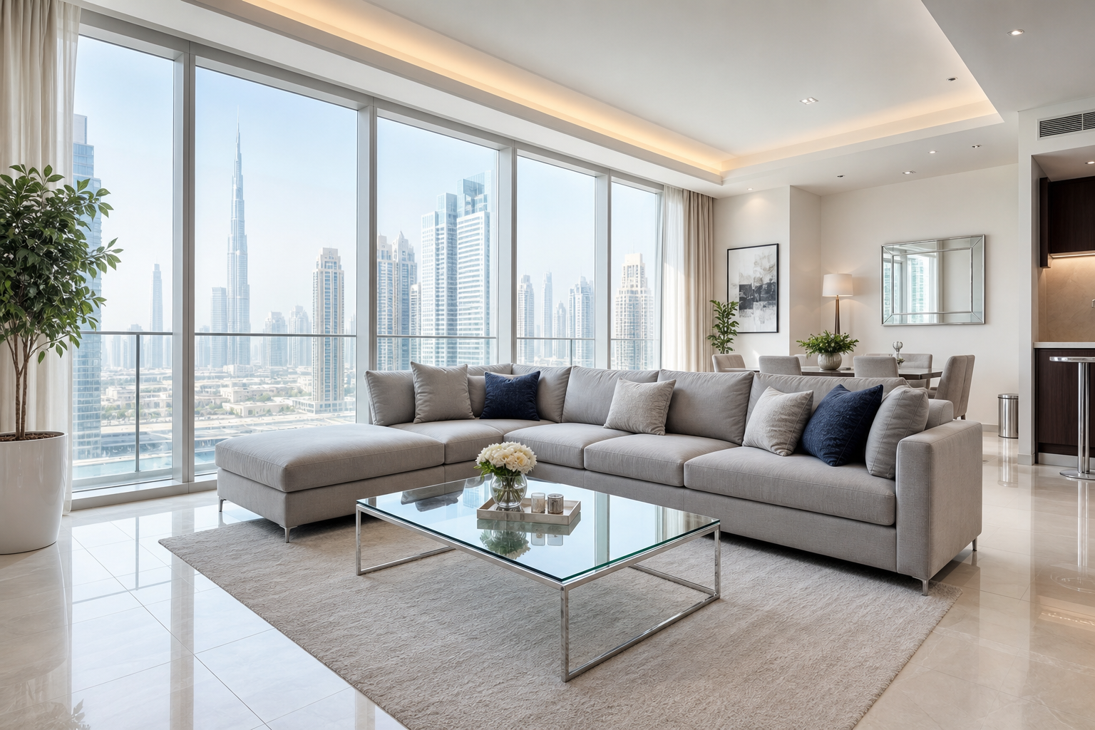 Bright spotless modern living room with polished floors, tidy furniture, and natural daylight