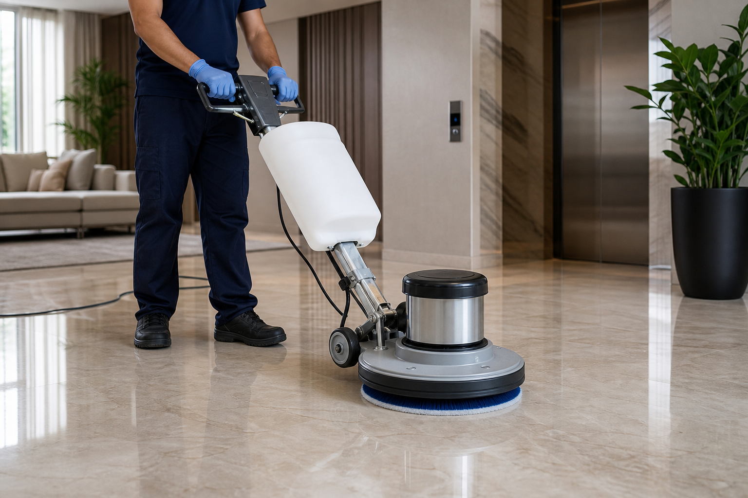 Technician polishing light marble flooring to restore gloss and remove dull wear in a modern interior