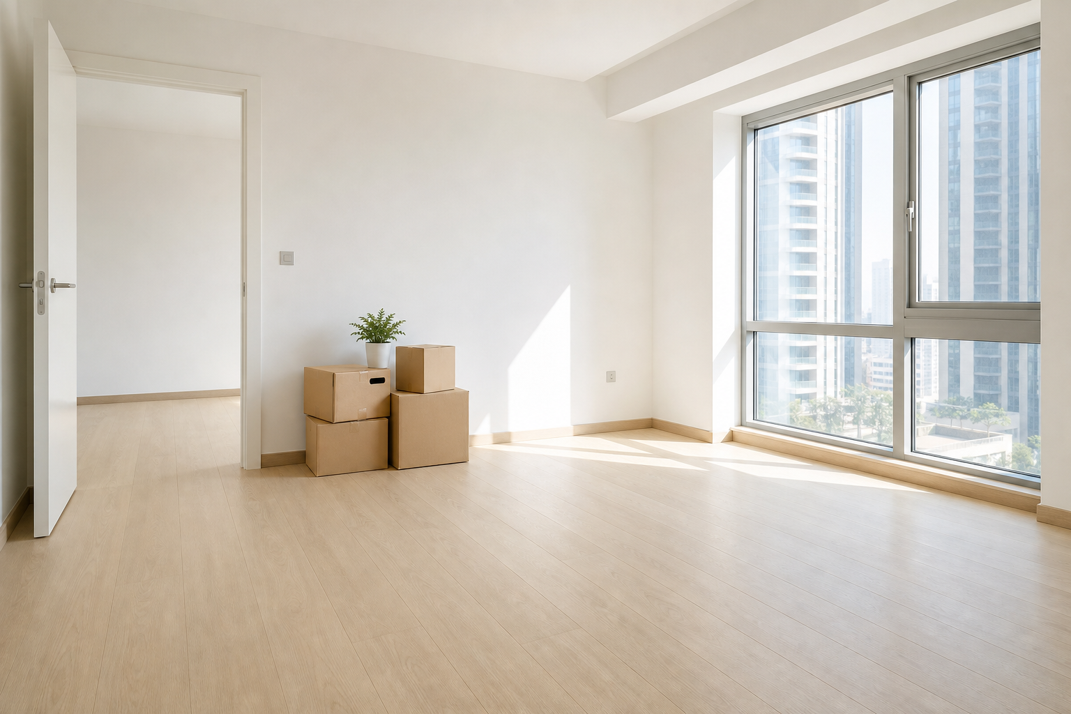 Move-in ready empty apartment room with clean floors, bright windows, and organized finish