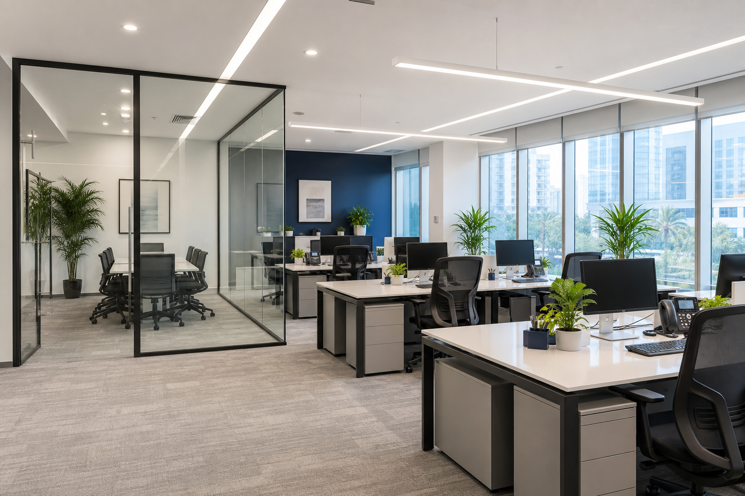 Polished modern office workspace with clean desks, glass partitions, and fresh organized layout