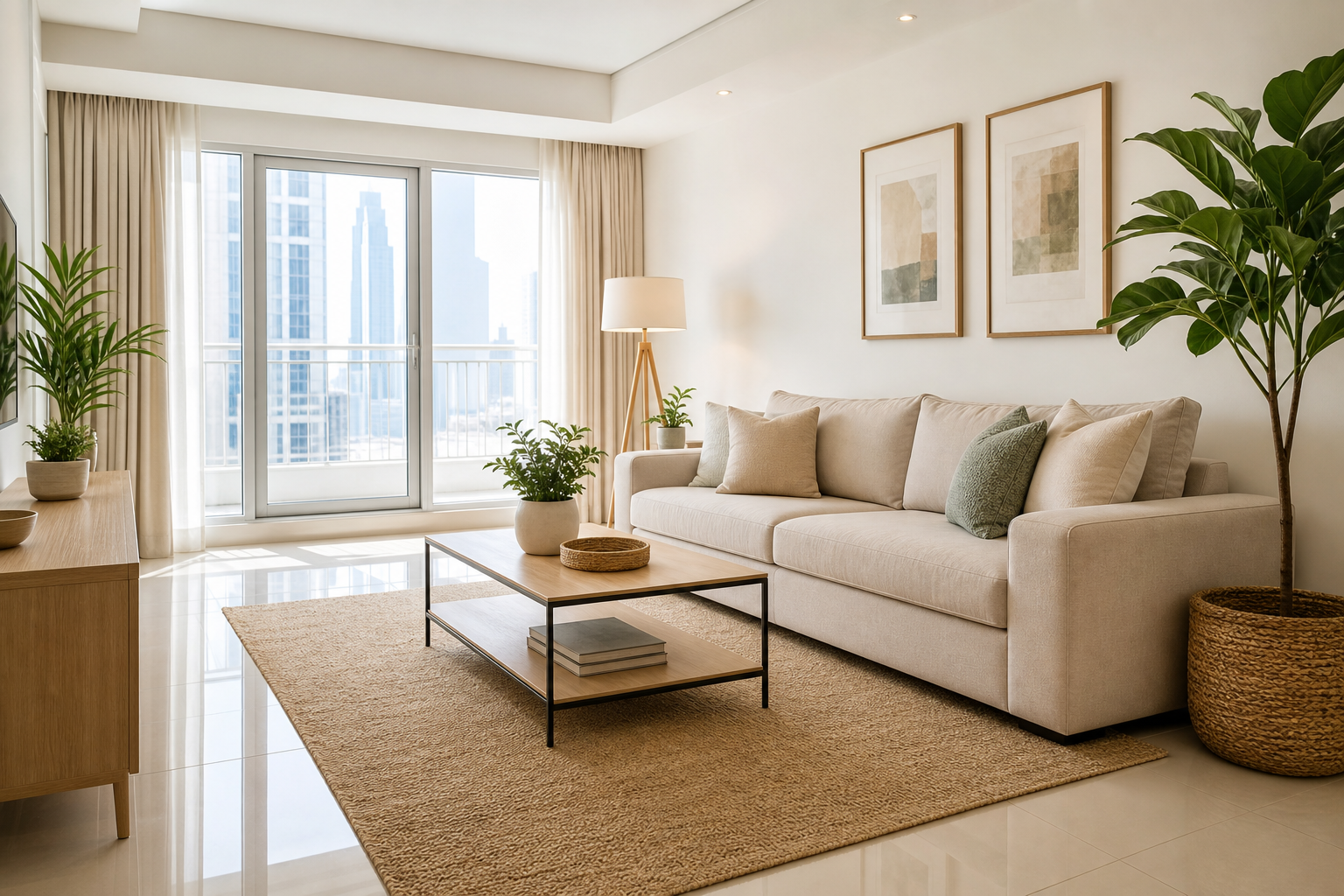 Bright tidy living room after regular home cleaning with neatly arranged sofa and spotless surfaces